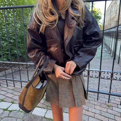 Chaqueta de Cuero Sintético PU Vintage para Mujer Oversized Efecto Desgastado Solapa Manga Larga Botones Ropa Casual Streetwear