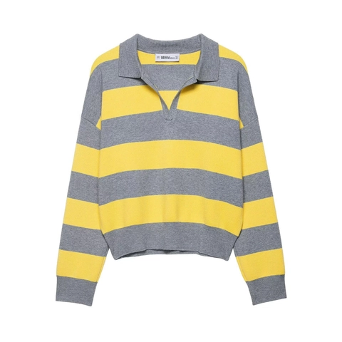 Suéter de Punto a Rayas para Mujer con Cuello Polo Bloques de Color Amarillo Gris Manga Larga Pullover Casual