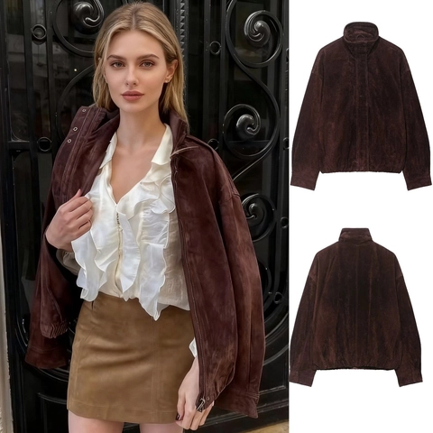 Women Vintage Loose Faux Suede Jacket Stand Collar Zipper Bomber Coat Solid Color Long Sleeve Chic Casual Outwear Fall Winter