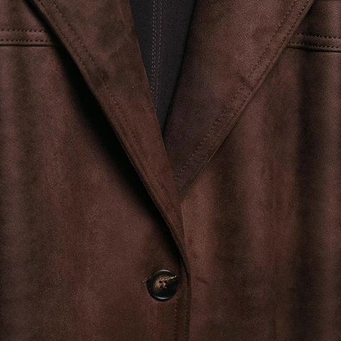 Women Faux Suede Belted Jacket Loose Fit Single Breasted Lapel Collar Long Sleeve Outwear Coat Chestnut Solid Color