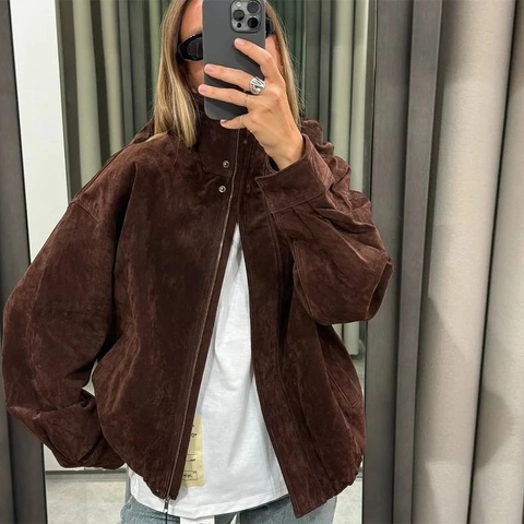 Women Vintage Loose Faux Suede Jacket Stand Collar Zipper Bomber Coat Solid Color Long Sleeve Chic Casual Outwear Fall Winter