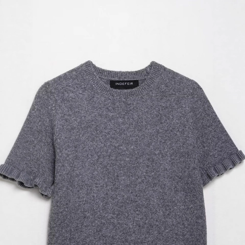 Women Short Sleeve Knit Sweater Ruffle Hem Crew Neck Slim Fit Solid Color Polyester Knitwear Gray Casual Top