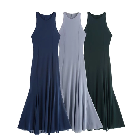 Vestido Largo Elegante Sin Mangas Cuello Redondo de Malla Patchwork para Mujer Verano Color Sólido Ajustado Dobladillo de Sirena Vestido Maxi