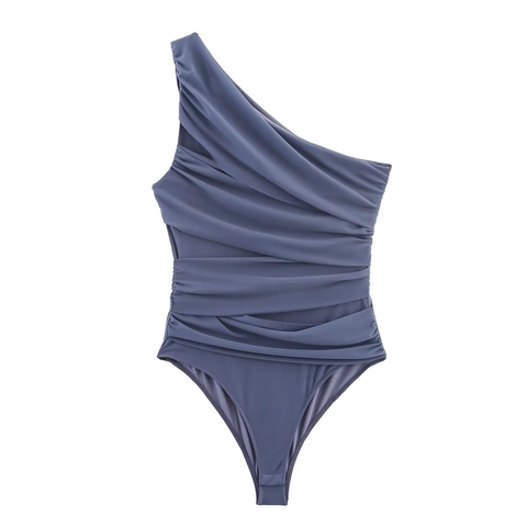 Women One Shoulder Ruched Bodysuit Mesh Asymmetric Sleeveless Summer Sexy High Cut Slim Fit Leotard Body Suit