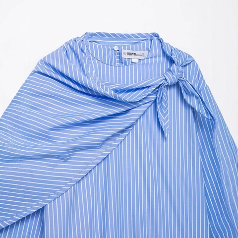 Blusa de Manga Larga a Rayas con Lazo Asimétrico para Mujer Informal Azul Blanco Poliéster Camisa Suelta Top Drapeado