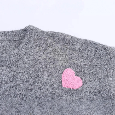 Suéter de Punto con Estampado de Corazón para Mujer Cuello Redondo Oversize Manga Larga Pullover Suave Peluche