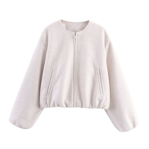 Giacca Bomber da Donna in Lana Casual Morbida Girocollo con Zip Cappotto Corto con Tasche Tinta Unita Manica Lunga