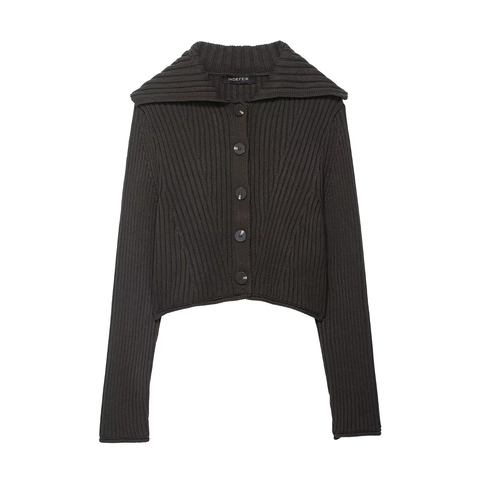 Women Ribbed Knit Cardigan Dark Gray Wide Lapel Sailor Collar Long Sleeve Button Up Short Sweater Top