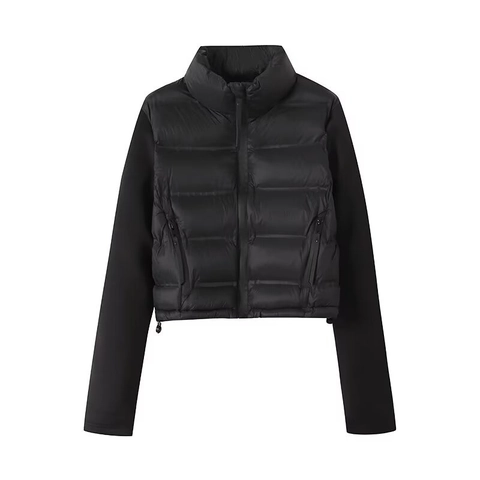 Giacca Puffer Nera da Donna Imbottita Trapuntata Colletto in Piedi Maniche a Contrasto Streetwear Cappotto con Cerniera per l'Inverno