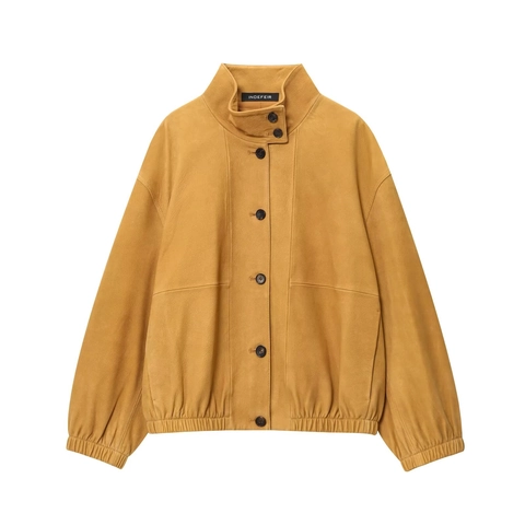 Women Vintage Ginger PU Leather Aviator Jacket Stand Collar Loose Long Sleeve Outerwear Casual Chic Button Flight Jacket