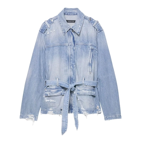 Women Vintage Light Blue Washed Distressed Denim Jacket With Belt Loose Lapel Long Sleeve Denim Outerwear Fashion Streetwear