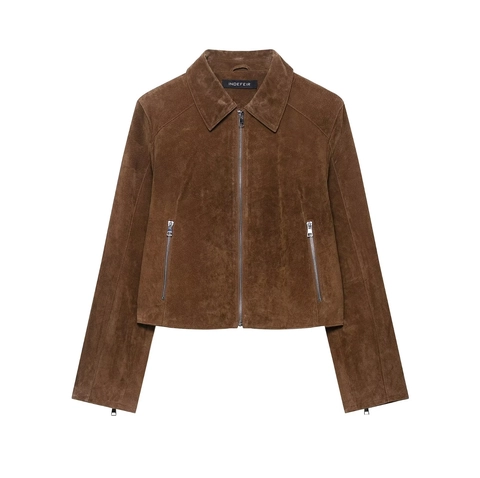 Chaqueta Corta de Ante Sintético para Mujer Cuello de Solapa Manga Larga con Cremallera Color Sólido Otoño Invierno Abrigo de Moda Vintage