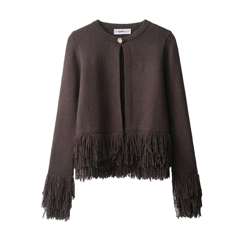 Women Vintage Round Neck Knit Cardigan With Long Fringe Hem Sleeves Solid Deep Brown Single Button Sweater Jacket