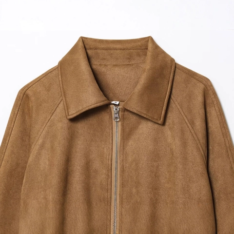 Women Vintage Faux Suede Jacket Short Loose Drawstring Hem Zip Up Lapel Camel Coat Casual Long Sleeve Outerwear Top