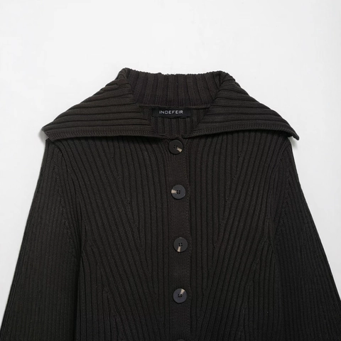 Women Ribbed Knit Cardigan Dark Gray Wide Lapel Sailor Collar Long Sleeve Button Up Short Sweater Top