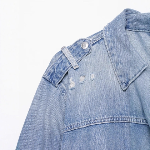Women Vintage Light Blue Washed Distressed Denim Jacket With Belt Loose Lapel Long Sleeve Denim Outerwear Fashion Streetwear