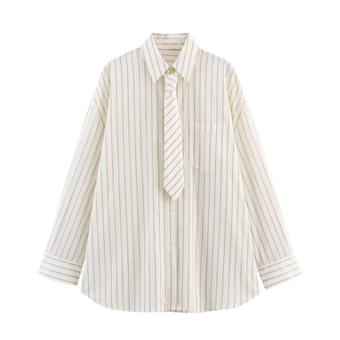 Women Polyester Striped Long Sleeve Shirt With Matching Tie Loose Fit Turn-down Collar Beige Casual Office Blouse Top