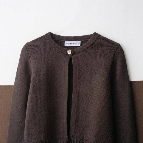 Women Vintage Round Neck Knit Cardigan With Long Fringe Hem Sleeves Solid Deep Brown Single Button Sweater Jacket