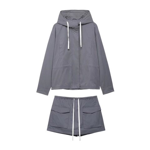 Damen Casual Kapuzenjacke Und Cargo Skort Set Einfarbig Dunkelgrau Langarm Winddicht Mantel Utility Streetwear Outfit