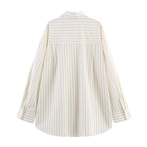 Blusa De Rayas Para Mujer Con Corbata Manga Larga Poliéster Botonadura Cuello Solapa Estilo Preppy Vintage Top