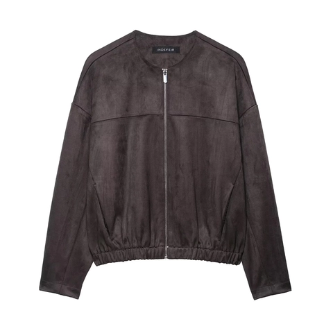 Vintage Women Faux Suede Jacket Round Neck Zip Up Loose Fit Short Coat With Pockets Long Sleeve Casual Outerwear
