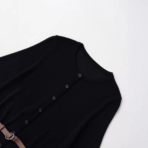Women Casual Short Sleeve Knit Cardigan Sweater Round Neck Button Down Slim Fit Top With Belt For Daily Wear Black