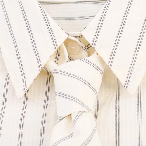 Women Polyester Striped Long Sleeve Shirt With Matching Tie Loose Fit Turn-down Collar Beige Casual Office Blouse Top