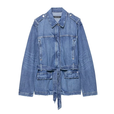 Chaqueta de Mezclilla Larga Casual para Mujer Con Cinturón Solapa Manga Larga Color Sólido Abrigo de Mezclilla Lavado para Primavera Otoño
