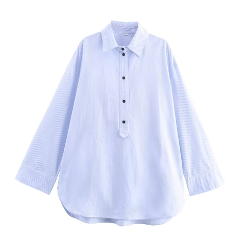 Camicia a Righe Elegante da Donna Manica Lunga Popeline Vestibilità Larga Colletto a Punta Blusa Casual Pendolare Top Monopetto Moda Ufficio