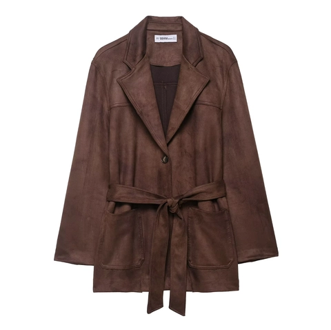 Chaqueta Casual de Gamuza Sintética para Mujer con Cinturón Solapa de Muesca Botonadura Sencilla Manga Larga Color Sólido Abrigo de Conmutador