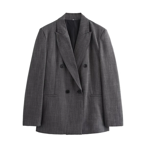 Dames Elegante Double-breasted Blazer Met Schoudervullingen Donkergrijs Tweed Textuur Polyester Kantoor Business Jas