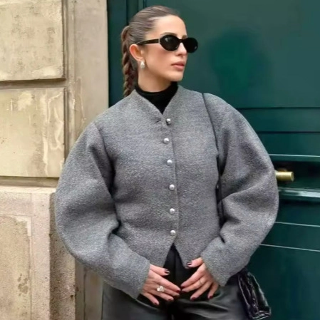 Fashion Women Short Woolen Style Jacket Round Neck Silver Metal Buttons Long Sleeve Casual Solid Color Autumn Winter Top