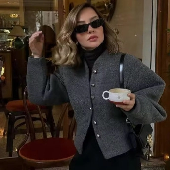 Fashion Women Short Woolen Style Jacket Round Neck Silver Metal Buttons Long Sleeve Casual Solid Color Autumn Winter Top
