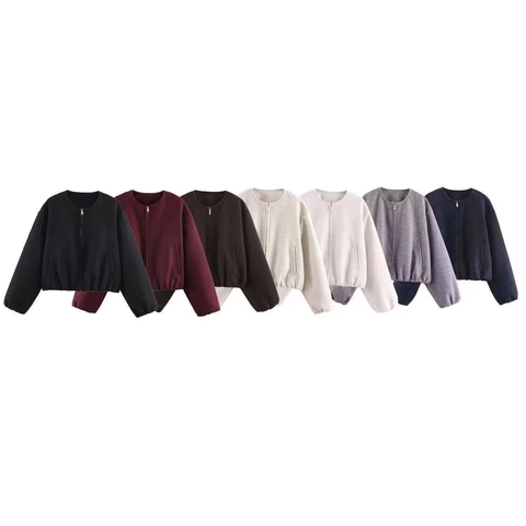 Giacca Bomber da Donna in Lana Casual Morbida Girocollo con Zip Cappotto Corto con Tasche Tinta Unita Manica Lunga