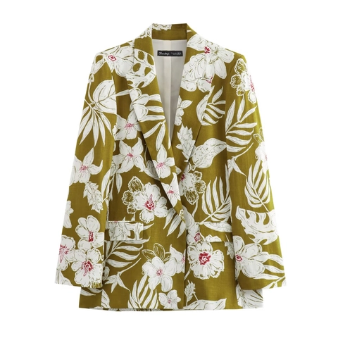 Blazer in Misto Lino con Stampa Floreale Collo a Revers Manica Lunga Giacca da Completo Donna Verde Oliva Elegante