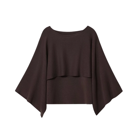 Elegant Women Dark Brown Boat Neck Knit Top Layered Design Long Sleeve Loose Pullover Jumper Minimalist Solid Color Sweater