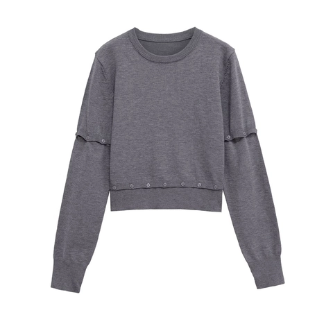 Women Casual Round Neck Knit Top Long Sleeve Button Decor Ribbed Cuffs Solid Color Streetwear Pullover Sweater Gray