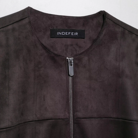 Vintage Women Faux Suede Jacket Round Neck Zip Up Loose Fit Short Coat With Pockets Long Sleeve Casual Outerwear
