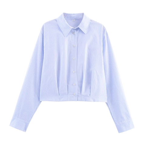 Camisa Corta a Rayas Azul Claro Casual para Mujer Manga Larga Cuello Polo Cintura Plisada Botonadura Sencilla Blusa Moda