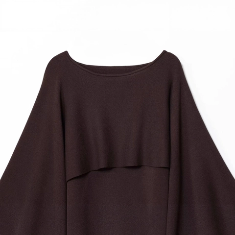 Elegant Women Dark Brown Boat Neck Knit Top Layered Design Long Sleeve Loose Pullover Jumper Minimalist Solid Color Sweater