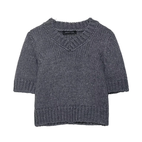 Dames V-hals Korte Mouw Gebreide Trui Pullover Casual Effen Kleur Streetwear Dik Geribbelde Korte Gebreide Top Grijs
