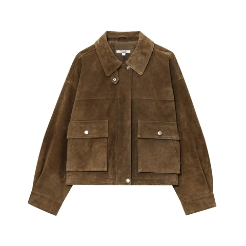 Women Faux Suede Bomber Jacket Loose Retro Lapel Outwear With Large Pockets Solid Color Long Sleeve Casual Chic Fashion Coat