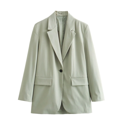 Women Elegant Mint Green Long Sleeve Blazer Notched Lapel Single Button Pocket Loose Fit Office Commuter Suit Jacket