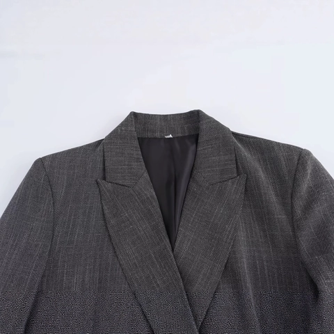 Dames Elegante Double-breasted Blazer Met Schoudervullingen Donkergrijs Tweed Textuur Polyester Kantoor Business Jas