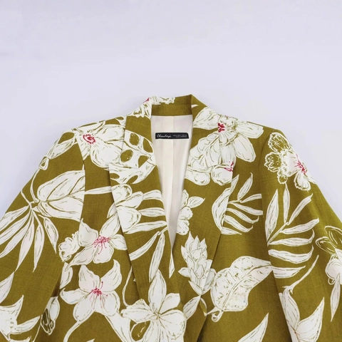 Floral Print Linen Blend Blazer Notch Lapel Long Sleeve Casual Suit Jacket Women Olive Green Elegant Vacation Outerwear