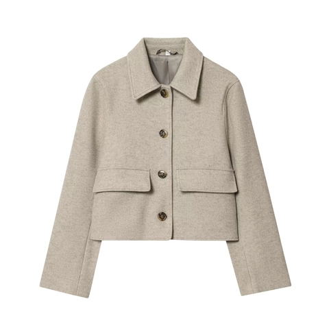 Chaqueta Corta Elegante de Mezcla de Lana para Mujer con Cuello de Solapa Abrigo de Botonadura Sencilla Color Avena Top Informal