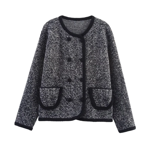 Vintage Contrastbies Gebreid Vest voor Vrouwen Double-breasted Ronde Hals Lange Mouw Relaxte Pasvorm Trui Jas