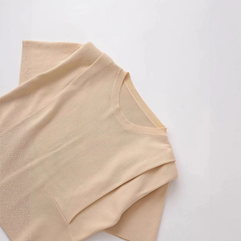 Top de Punto Casual para Mujer Cuello Redondo con Hombros Plisados Estilo Occidental Color Sólido Albaricoque Manga Corta