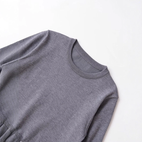 Women Casual Round Neck Knit Top Long Sleeve Button Decor Ribbed Cuffs Solid Color Streetwear Pullover Sweater Gray