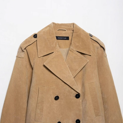 Chaqueta Casual de Gamuza Sintética para Mujer Abrigo Corto Estilo Cortavientos Doble Botonadura Solapa Color Sólido Otoño